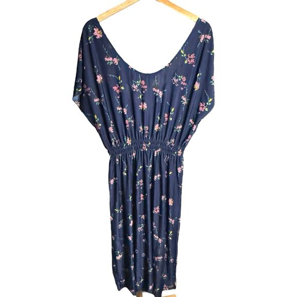 Young USA Navy Blue Floral Midi Dress Size L Elastic Waist Short Sleeve NWT - Picture 2 of 10